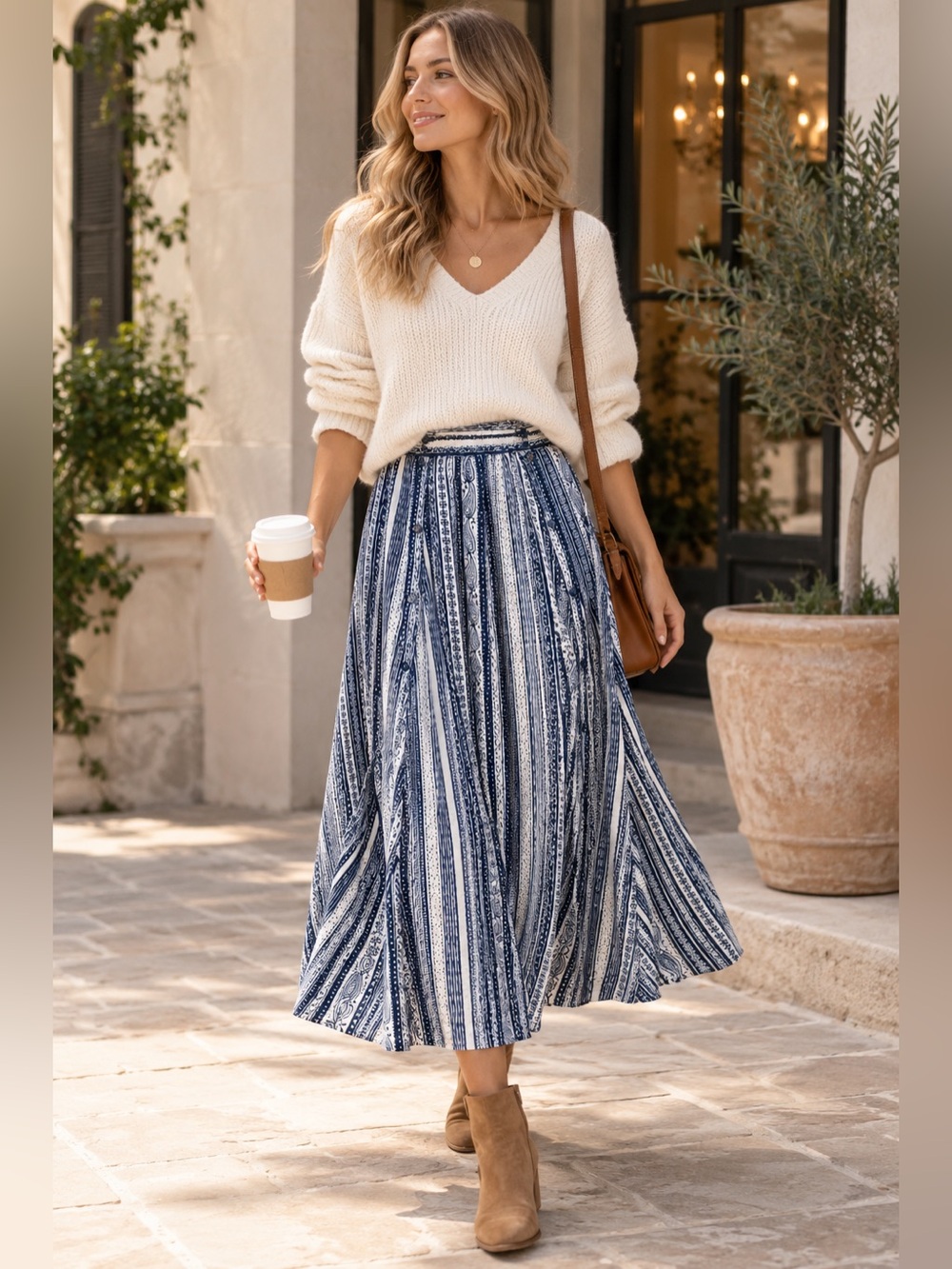 Maeve Anthropologie Blue & White Paisley Stripe Button Front Midi Skirt Size S